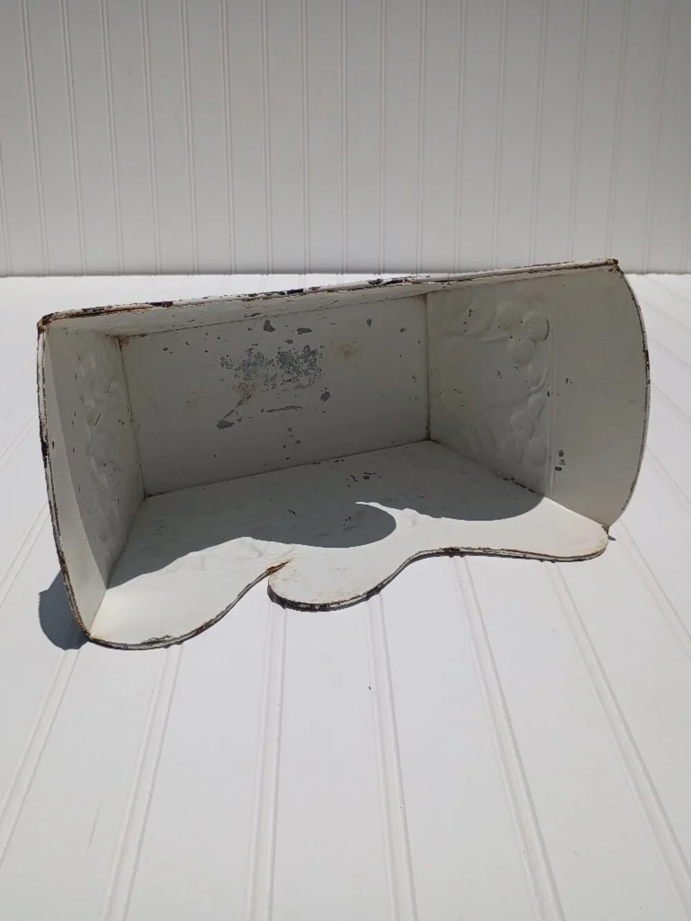 Vintage Metal Planter White Distressed Farmhouse Fruit Embossed Footed Cottage